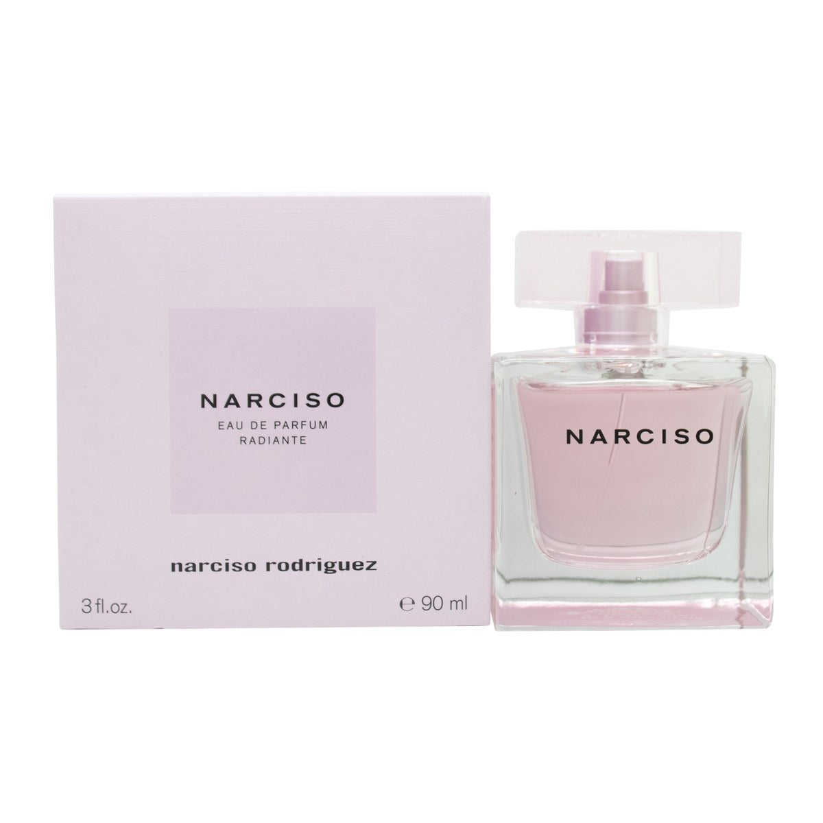 Narciso Radiante Eau De Parfum Narciso Rodriguez 90 ml, firkantet flakon i blød lilla tone med rent design