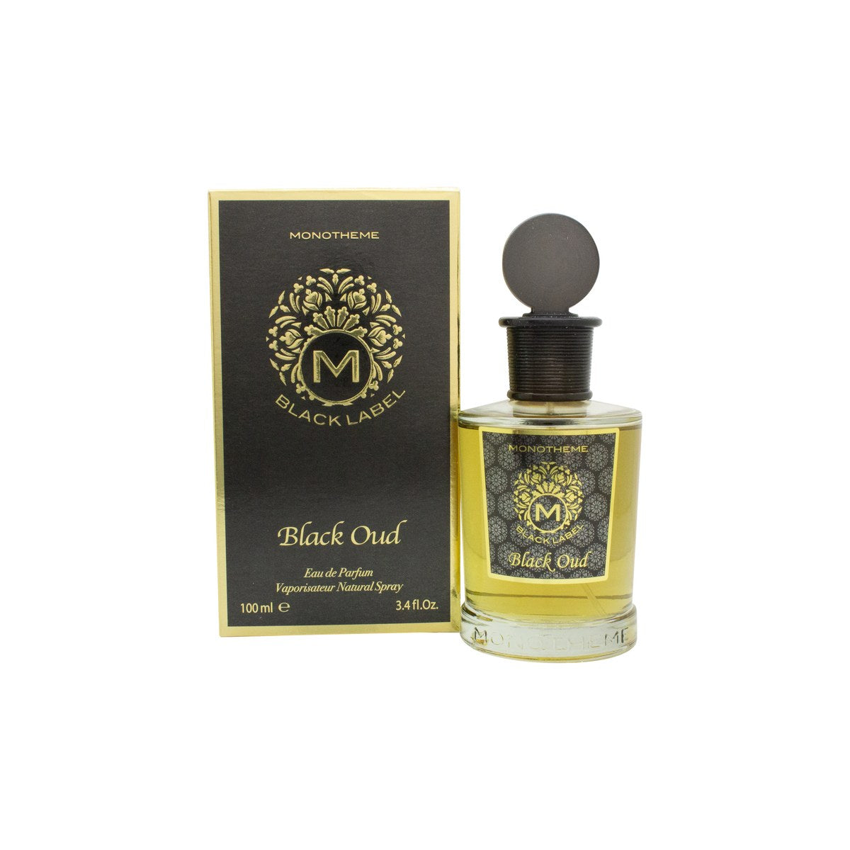 Monotheme Black Oud Eau de Parfum 100ml flakon i sort, mat glas med gylden label og kantet låg i minimalistisk design.