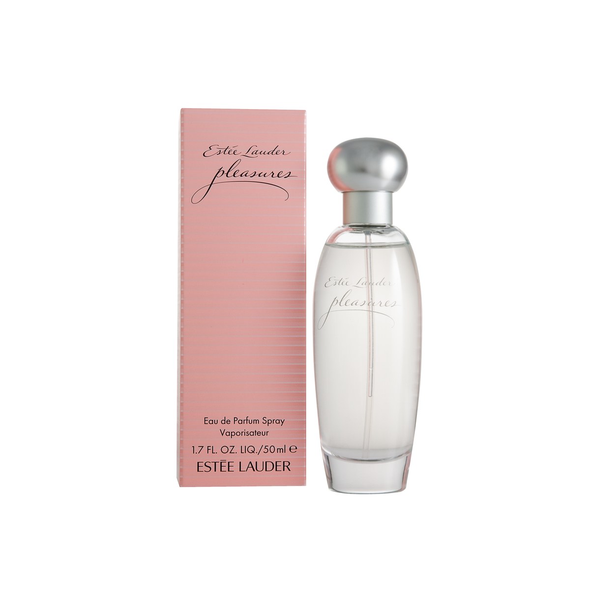 Estee Lauder Pleasures Eau de Parfum 50 ml, Estée Lauder – klar, rundet glasflaske med sølvkork og lys rosatonet duft.