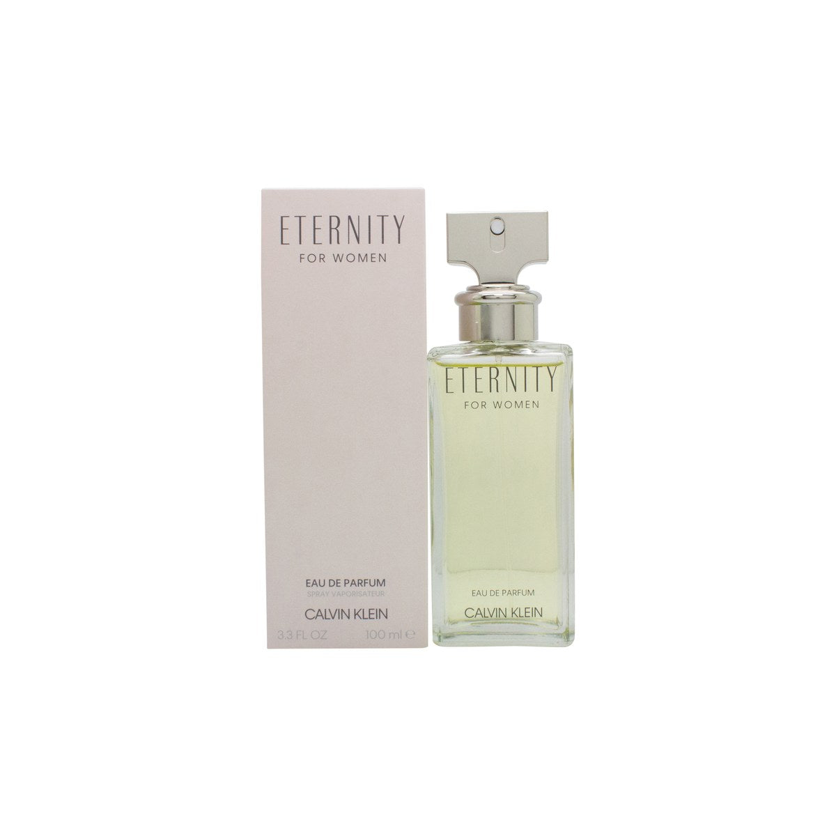 Eternity For Men Eau De Parfum, Calvin Klein, 100 ml klar glasflakon med sølvfarvet låg og ravfarvet væske, enkelt design