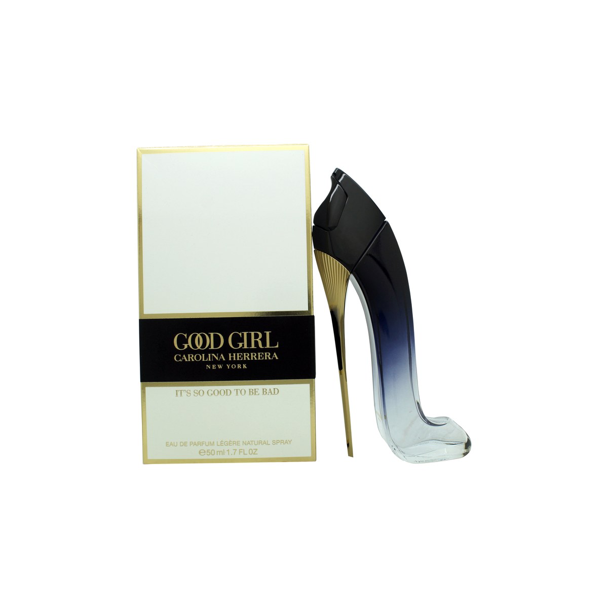 Carolina Herrera Good Girl Légère Eau de Parfum 50 ml – stiletformet flakon i mørkeblå glas med gylden hæl og slank silhuet.