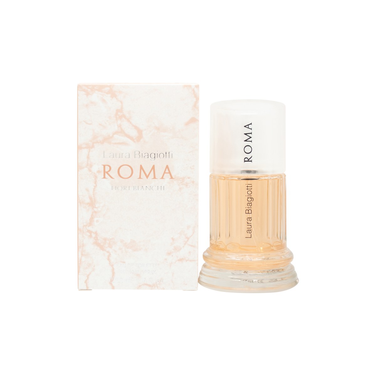 Laura Biagiotti Roma Fiori Bianchi Eau de Toilette 50 ml fra Laura Biagiotti i klar flakon med gylden top og romersk design