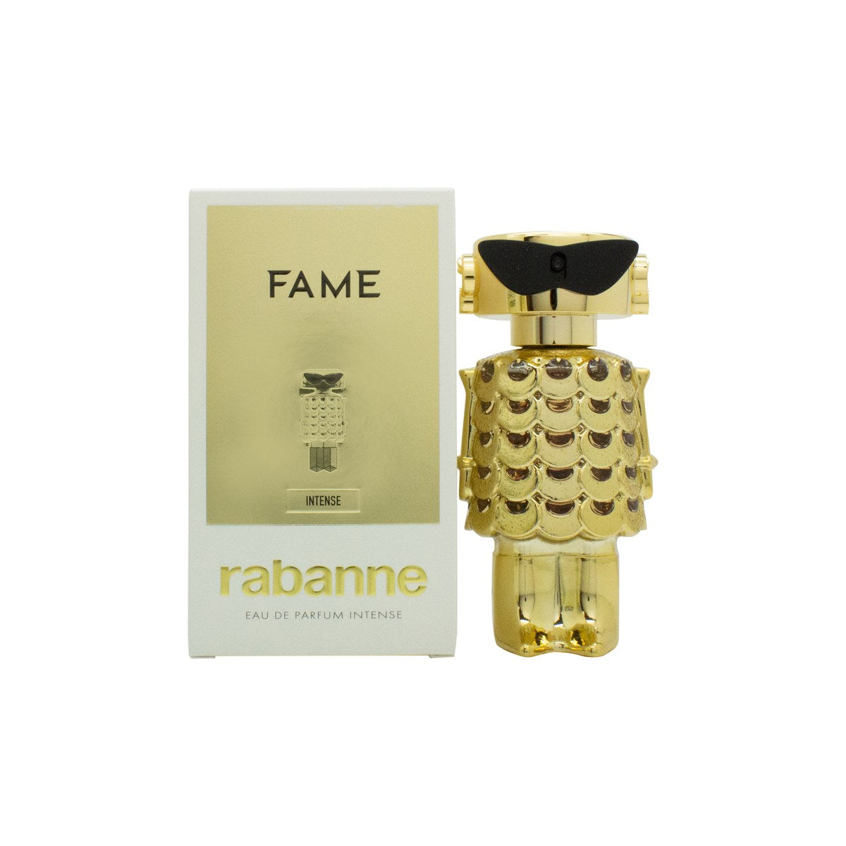 Paco Rabanne Fame Intense Eau de Parfum 50 ml, gylden robotformet flakon med sort top og blank finish.