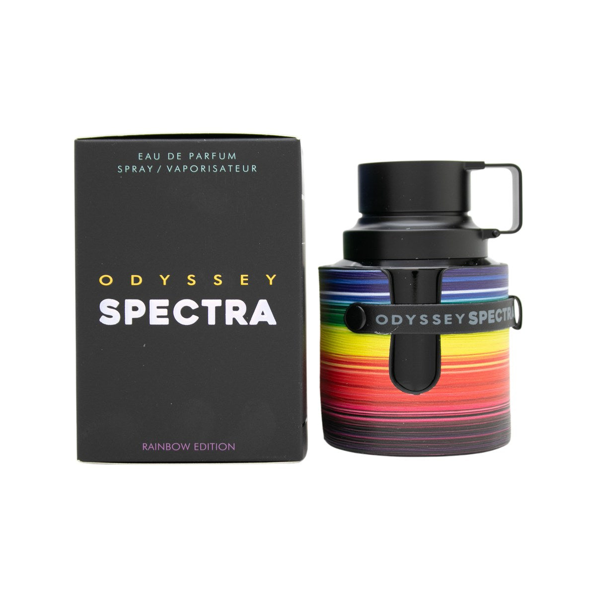 Armaf Odyssey Spectra Rainbow Eau de Parfum 60 ml, firkantet flakon i spejlblank krom med regnbuefarvet front og sort låg