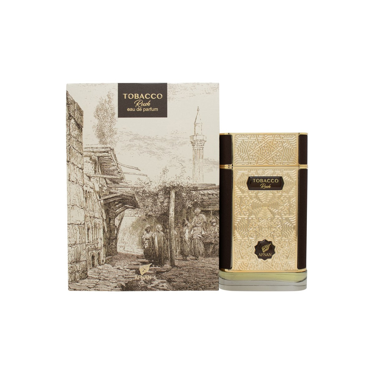 Afnan Tobacco Rush Eau de Parfum 100 ml fra Afnan, mørkebrun firkantet flakon med guldkap og sort etiket.