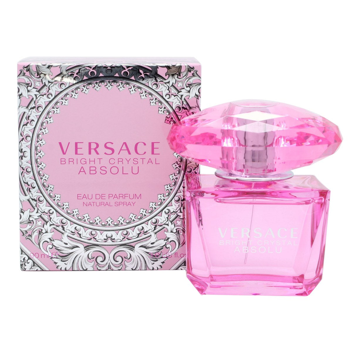 Versace Bright Crystal Absolu Eau De Parfum Versace 90 ml, klar pink glasflaske med facetter, klar krystalknop og sølvgrå