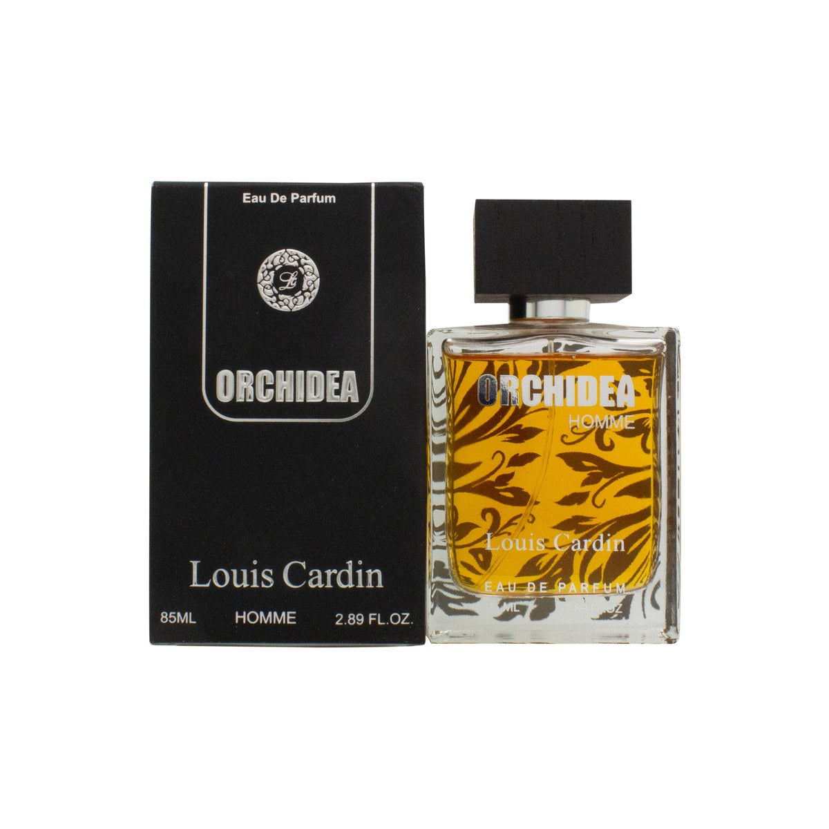 Louis Cardin Orchidea Eau de Parfum 85 ml – lilla glasflakon med gulddetaljer og blomsterformet låg