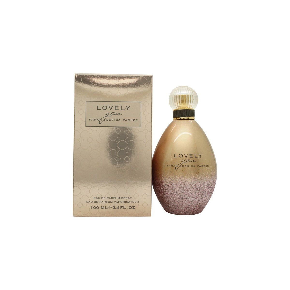Sarah Jessica Parker Lovely You Eau De Parfum 100 ml, klar glasflaske med rosatonet indhold, sølvfarvet låg og sort bånd